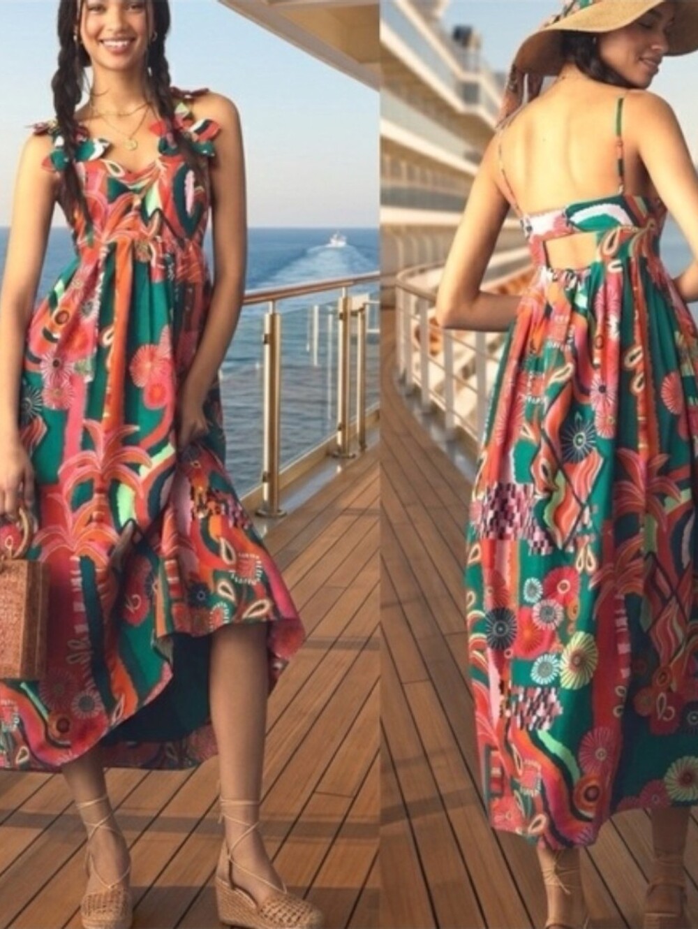 Farm Rio x Anthropologie Womens Small Multi Pleated Palm Midi Dress Resort Wear